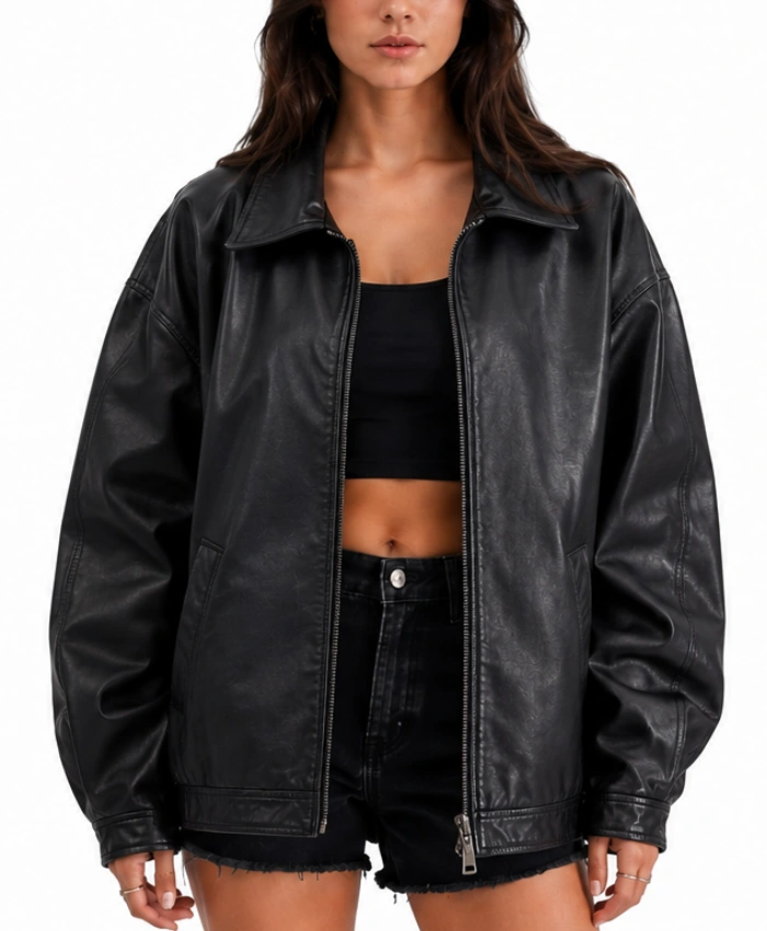 Womens Slouchy Leather Jacket in Black