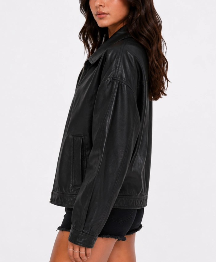 Womens Slouchy Black Leather Jacket closeup image