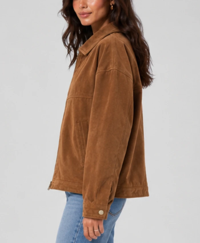 Womens Tan Brown Drop Shoulders Style Suede Leather Jacket