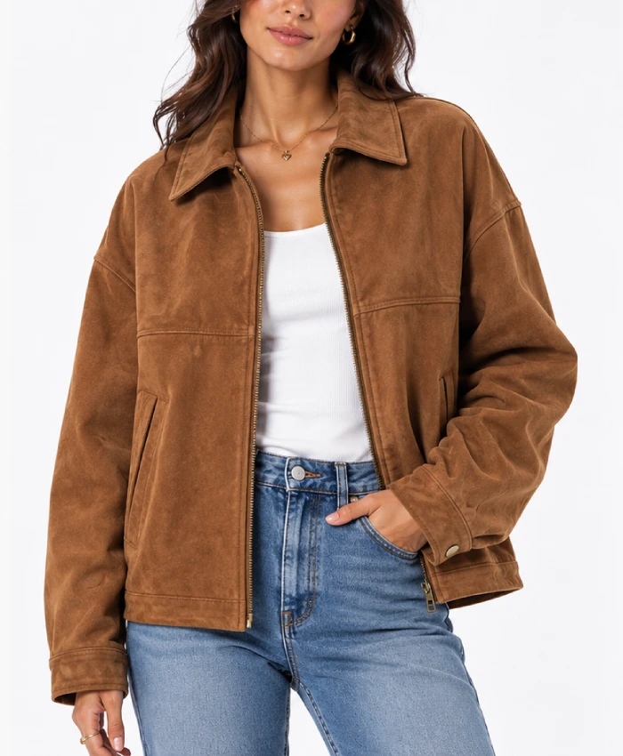 Tan Brown Oversized Suede Leather Jacket for Womens