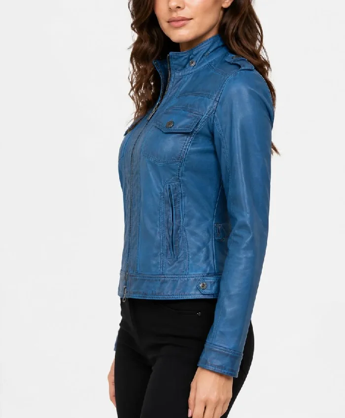 Womens Tavares Vivid Blue Biker Style Leather Jacket