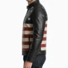 Mens Black Leather Motorcycle Jacket with American Flag