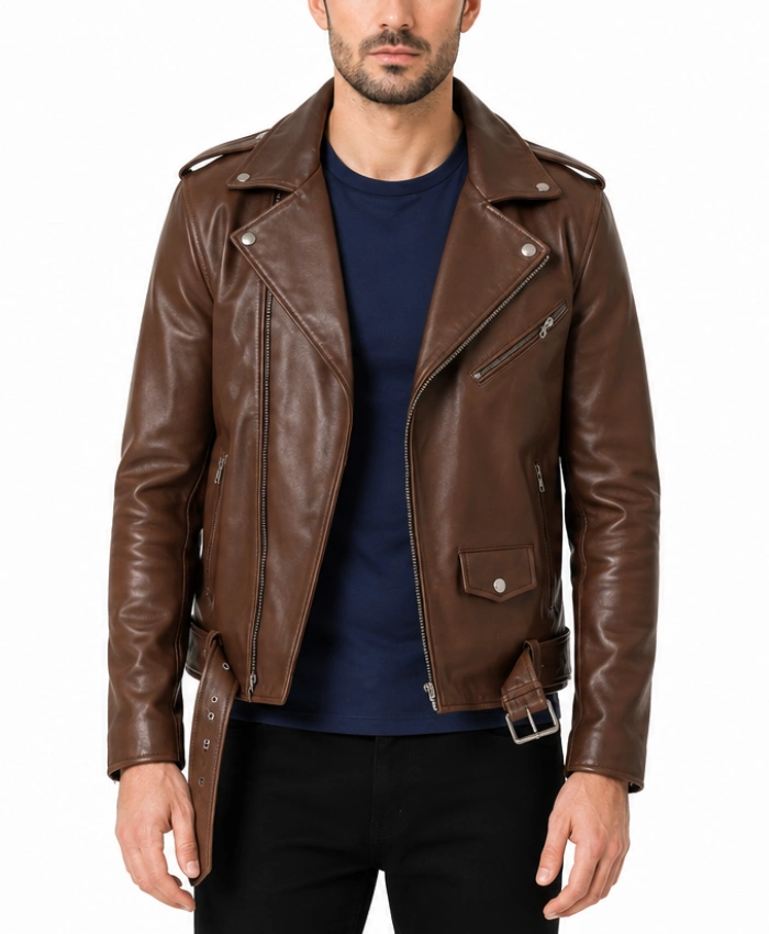 Buy Dark Brown Biker Leather Jacket with Zipper