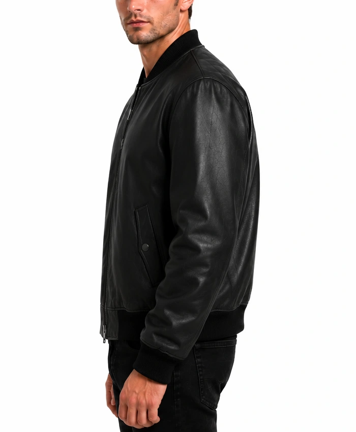 Mens Baggy Style Black Leather Bomber Jacket