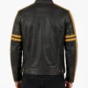 Mens Black Cafe Racer Distressed Yellow Stripes Leather Jacket