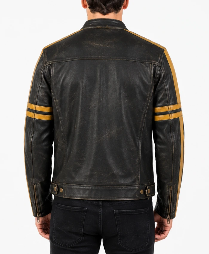 Mens Black Cafe Racer Distressed Yellow Stripes Leather Jacket