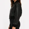 Women's Drop Shoulder Black Cropped leather Bomber Jacket