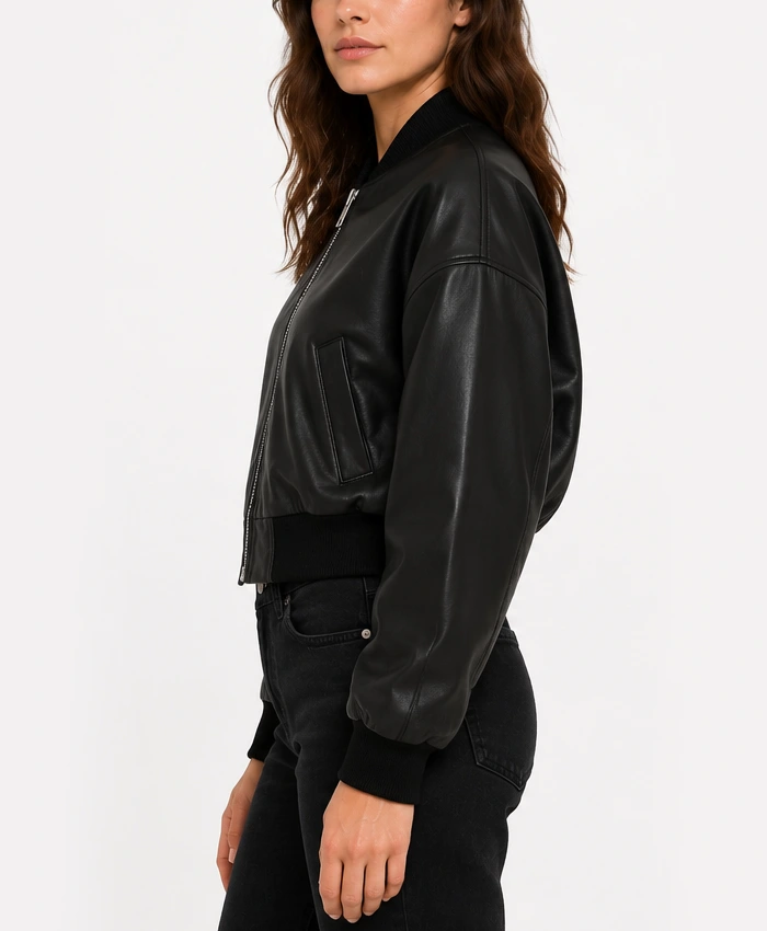 Women's Drop Shoulder Black Cropped leather Bomber Jacket