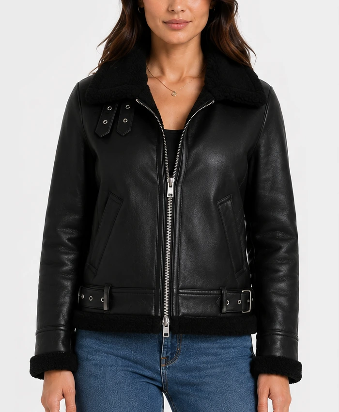 Ladies Leather Aviator Jacket in Black