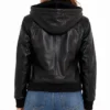 women Black Bomber Leather Jacket With Removable Hood​