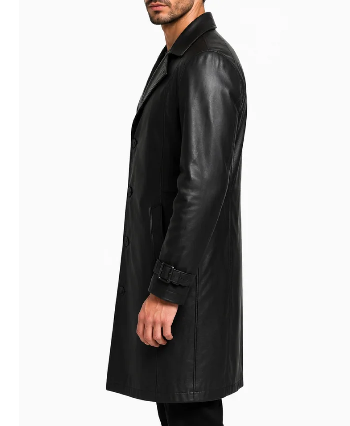 Black Leather Long Trench Coat For Mens