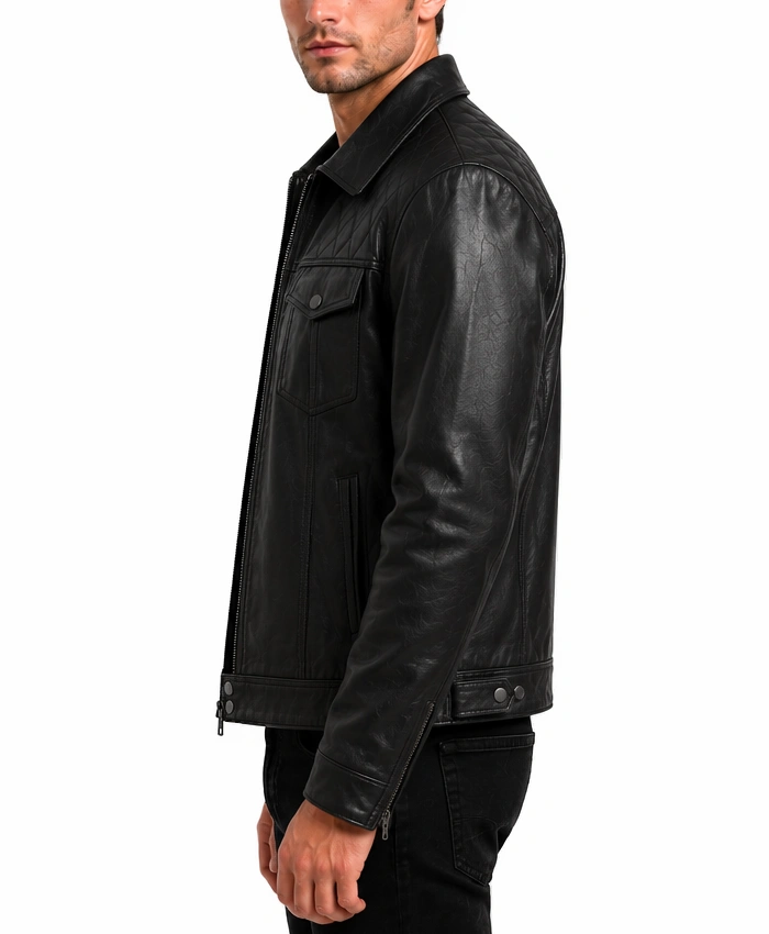 Shirt Collar Mens Black Leather Trucker Jacket