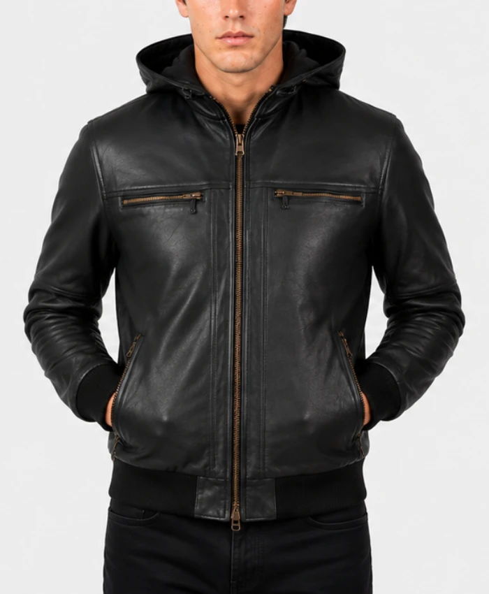 Mens Bouncer Biz Black Leather Bomber Jacket