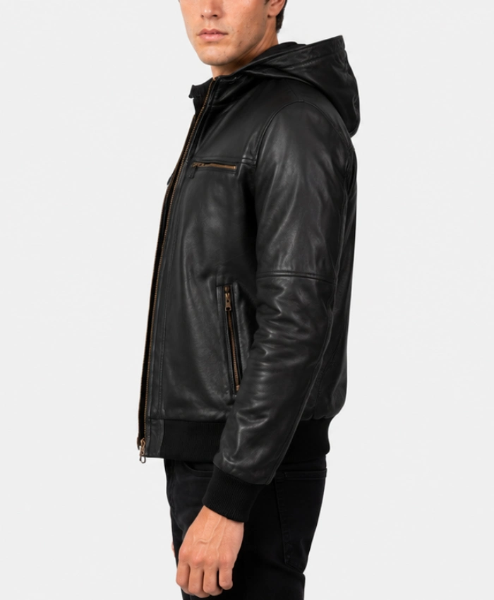 Shop Bouncer Biz Black Leather Bomber Jacket