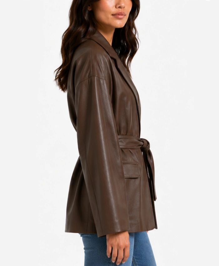 Womens Brown Oversized Belted Leather Blazer Drop Shoulder