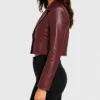 One Button Burgundy Cropped Leather Jacket for Womens