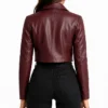 Womens Burgundy One Button Cropped Leather Jacket