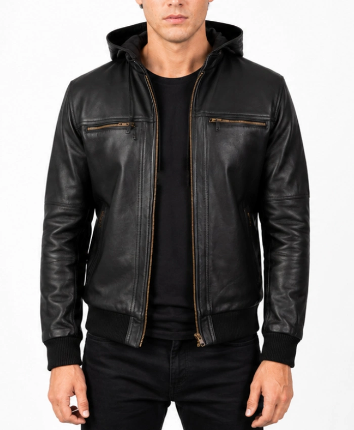 Bouncer Biz Black Leather Bomber Jacket for sale