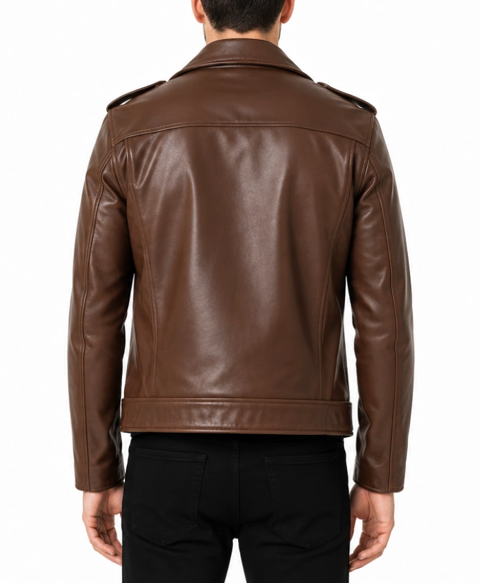 Dark Brown Leather Biker Jacket with Zipper