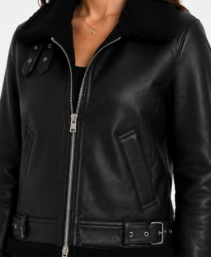 Black Ladies Leather Aviator Jacket