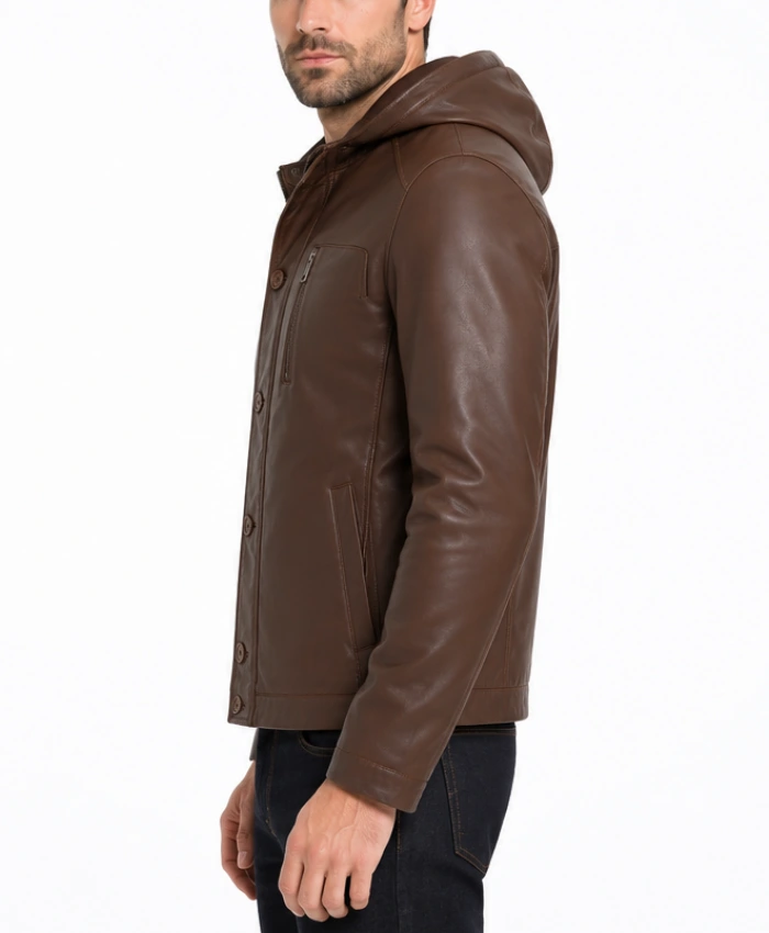 Brown Mens Hooded Leather Jacket