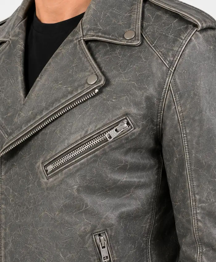 Distressed Mens Grey Biker Leather jacket