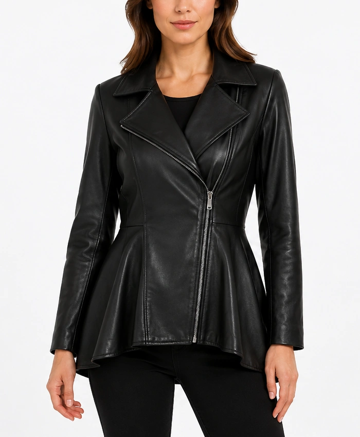 Womens Asymmetrical Black Leather Peplum Jacket
