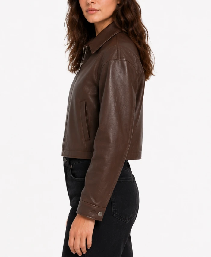 Womens Brown Cropped Leather Jacket for sale