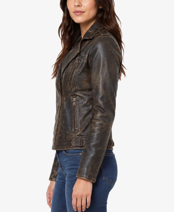 Womens Distressed Leather Motorcycle Jacket​