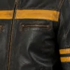 Mens Cafe Racer Yellow Stripes Distressed Leather Jacket in Black