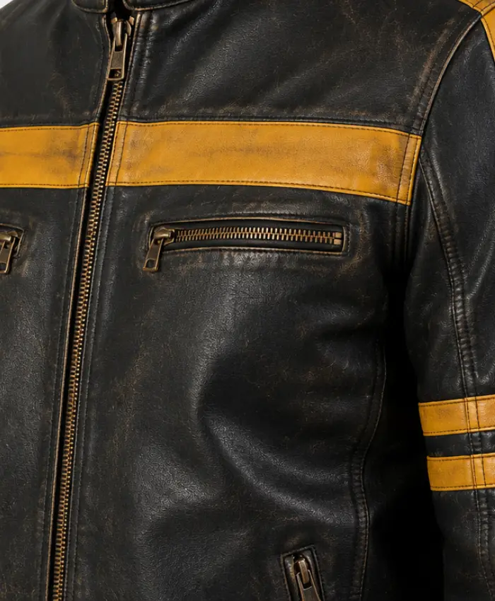 Mens Cafe Racer Yellow Stripes Distressed Leather Jacket in Black
