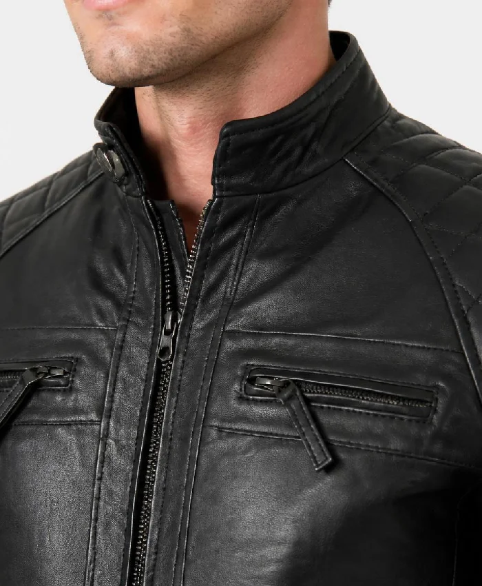 Cafe Racer Quilted Black Leather Jacket Men