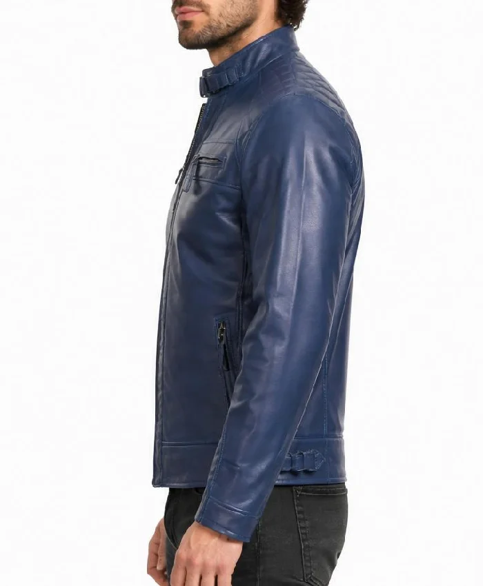 Cafe Racer Quilted Blue Leather Jacket For Men