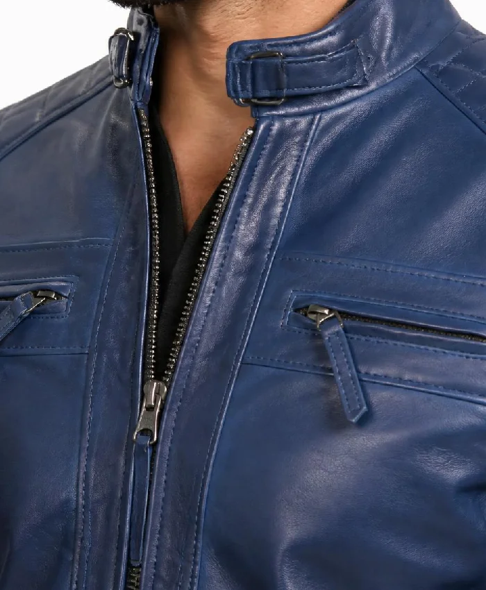 Cafe Racer Quilted Blue Leather Jacket For Mens