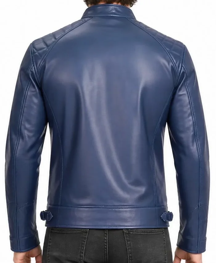 Cafe Racer Quilted Leather Blue Jacket Mens