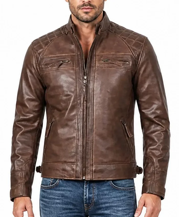 Cafe Racer Quilted Leather Dark Brown Jacket For Mens