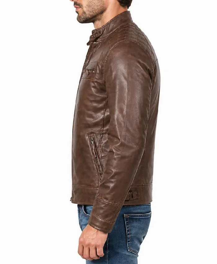 Cafe Racer Quilted Leather Dark Brown Jacket Mens