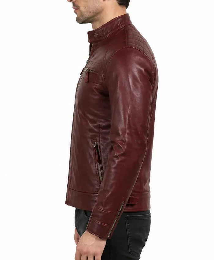 Cafe Racer Quilted Leather Maroon Jacket For Mens
