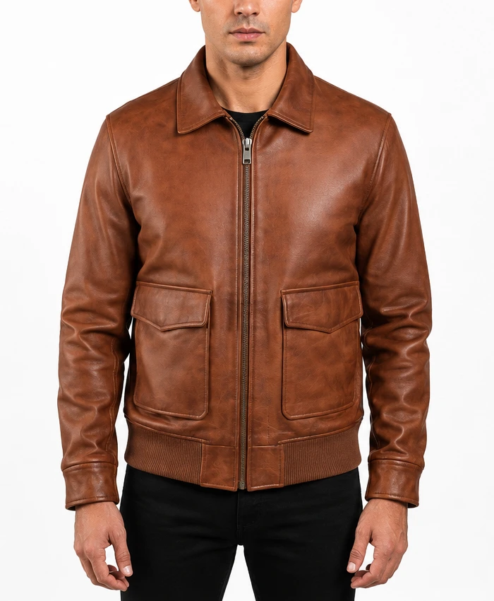 Coffmen Brown A2 Bomber Leather Jacket For Mens