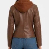 Brown Cognac Leather Jacket With Removable Hood for Womens
