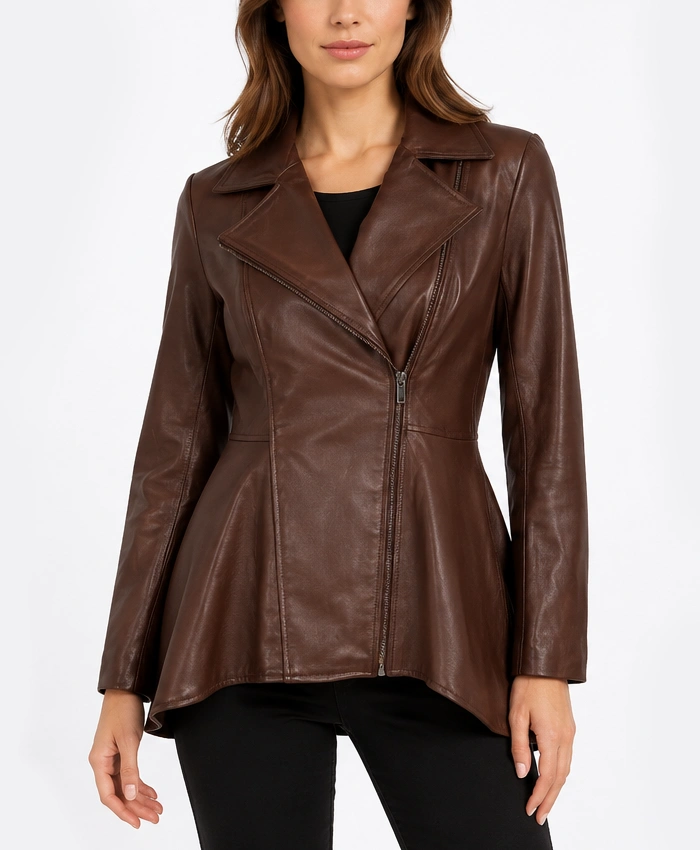 Womens Real Leather Peplum Cognac Jacket