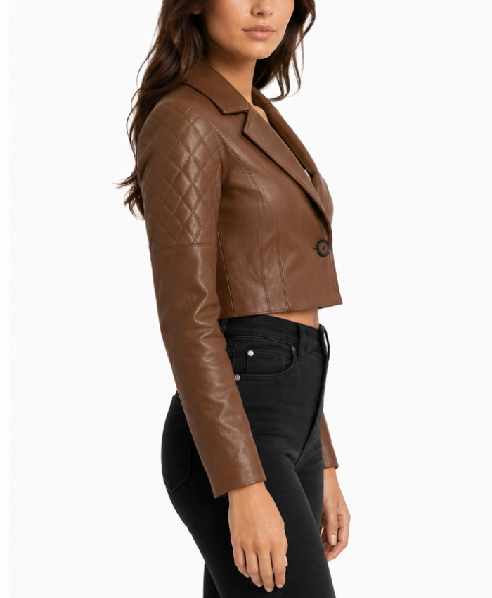 Quilted Cropped Brown Sleeves Leather Jacket for Women