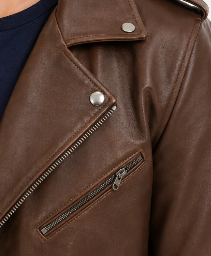 Biker Leather Jacket with Zipper in Dark Brown