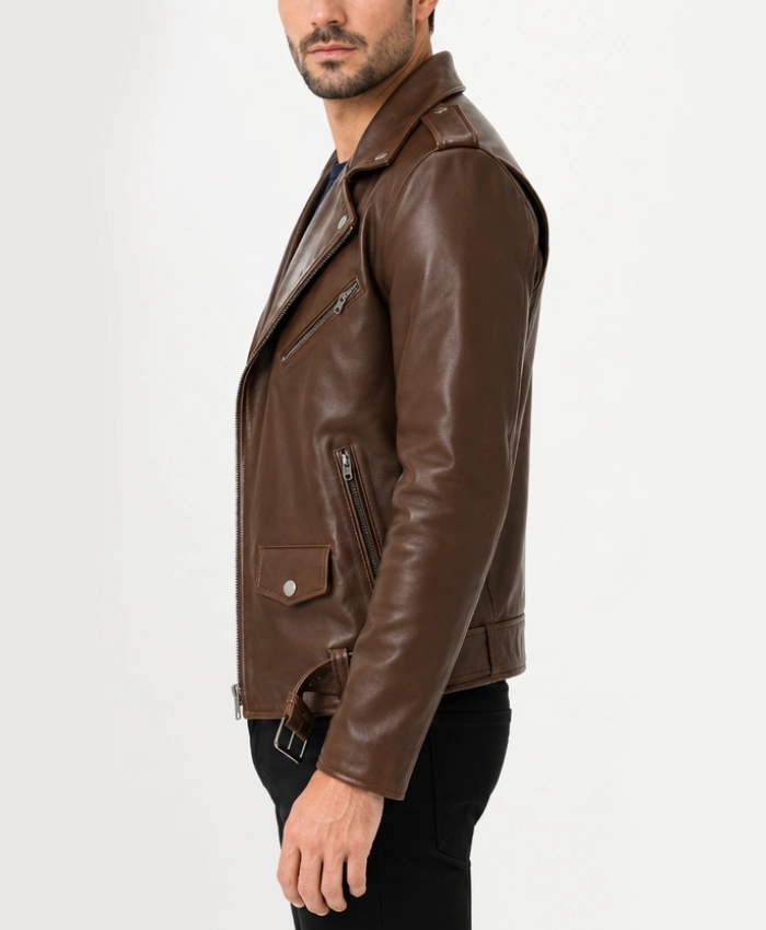 Dark Brown Biker Leather Jacket with Zipper Closeup image