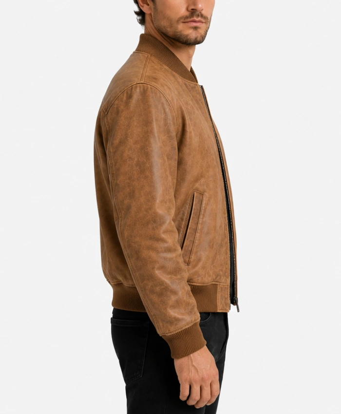Mens Tan Distressed Bomber Leather Jacket