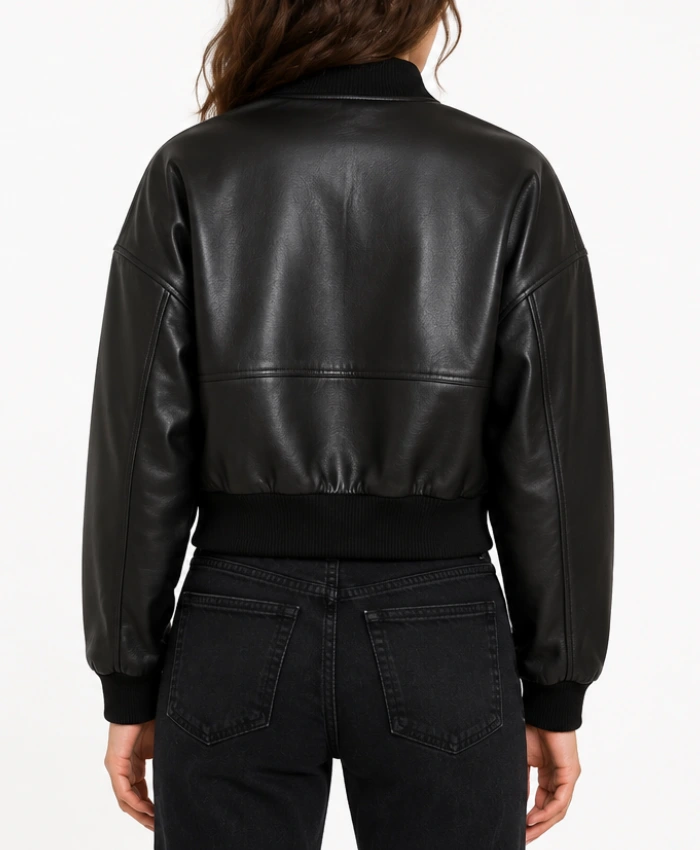 Black Drop Shoulder Cropped leather Bomber Jacket for Women's