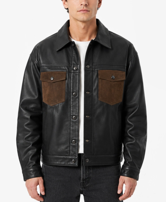 Fernando Black Leather Trucker Jacket with suede pockets