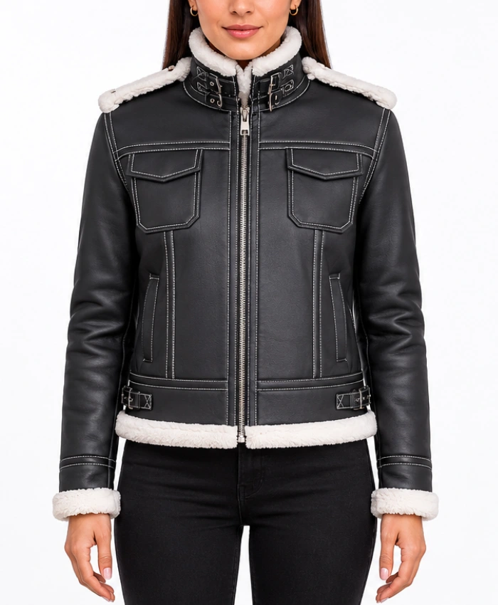 Buy Fiona Black Hooded Shearling Leather Jacket