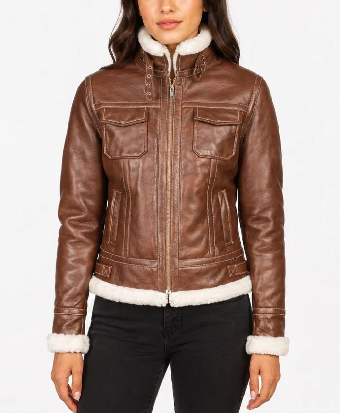 Shearling Fiona Brown Hooded Leather Jacket