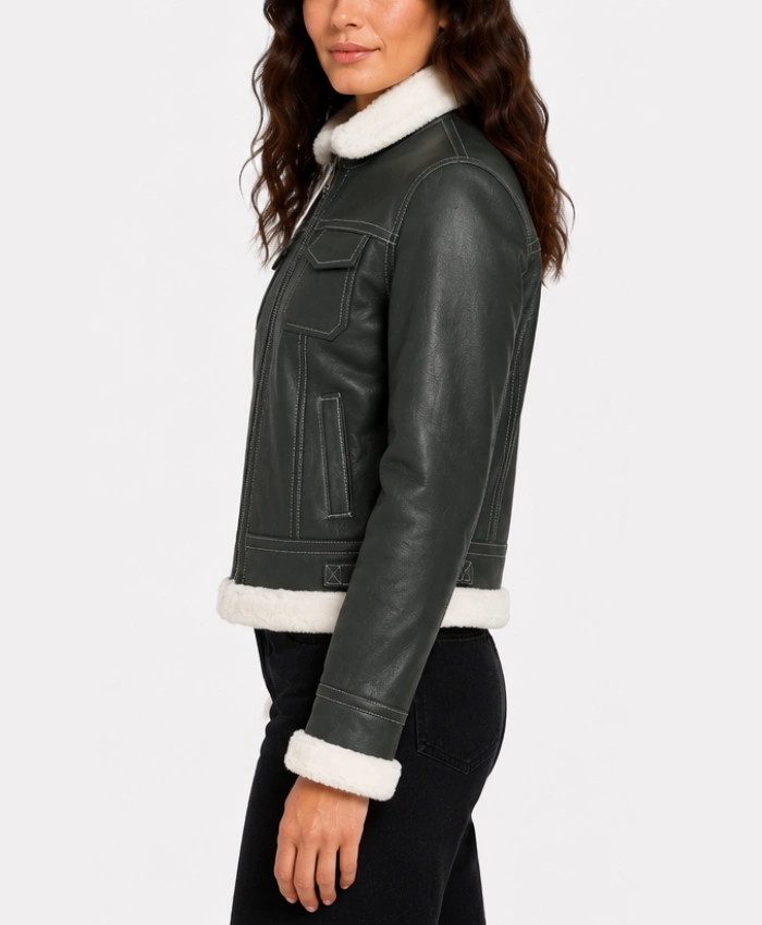 Buy Fiona Green Hooded Leather Jacket with Shearling trim